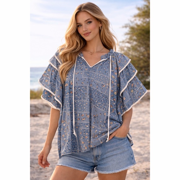 Haptics Tops - Blue & White Floral Multi Ruffle V Neck Tassel Top